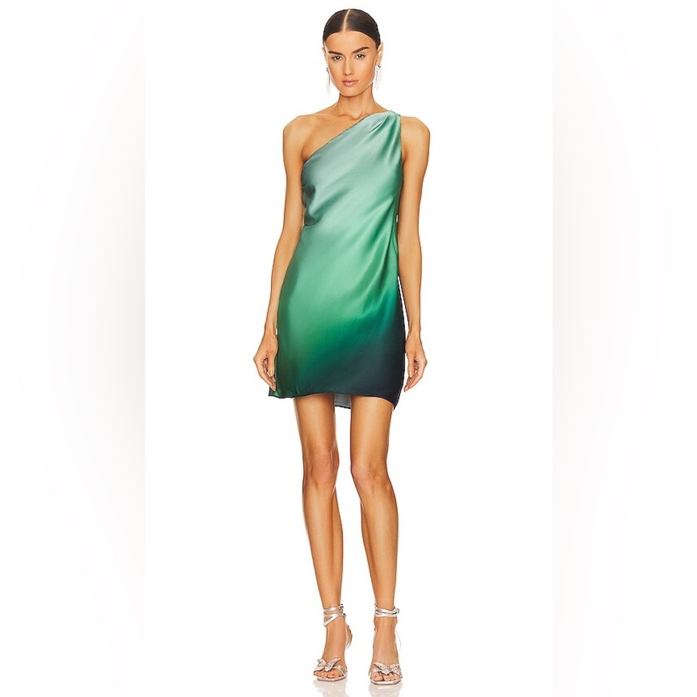 CAMI NYC Anges 100% Silk One-Shoulder Green Ombre Mini Dress